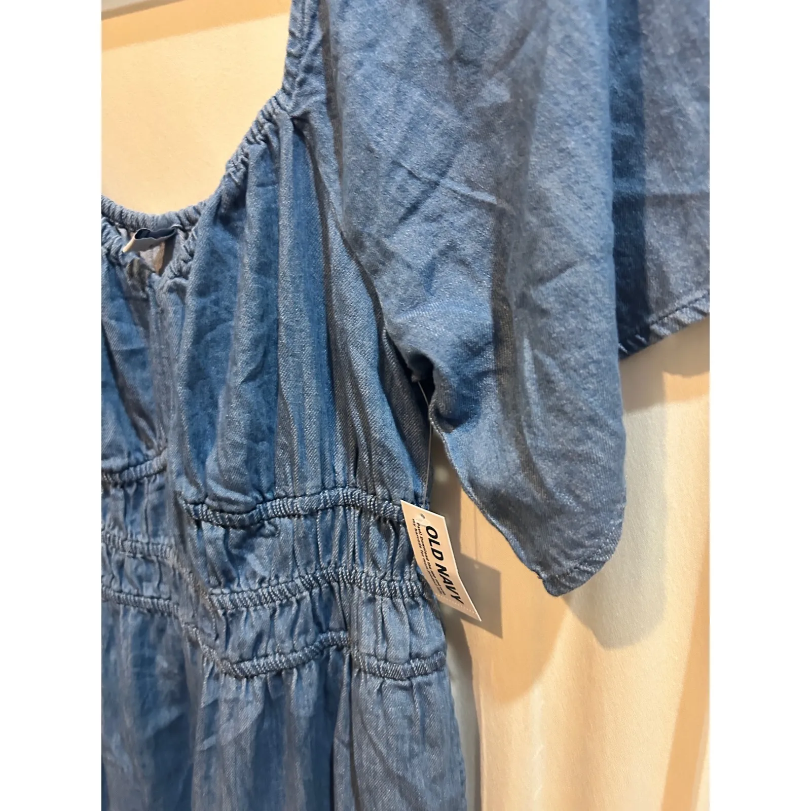 Old‎ Navy Womens Chambray Jumpsuit Blue Smocked Waist Square Neck Casual Size M - Image 5