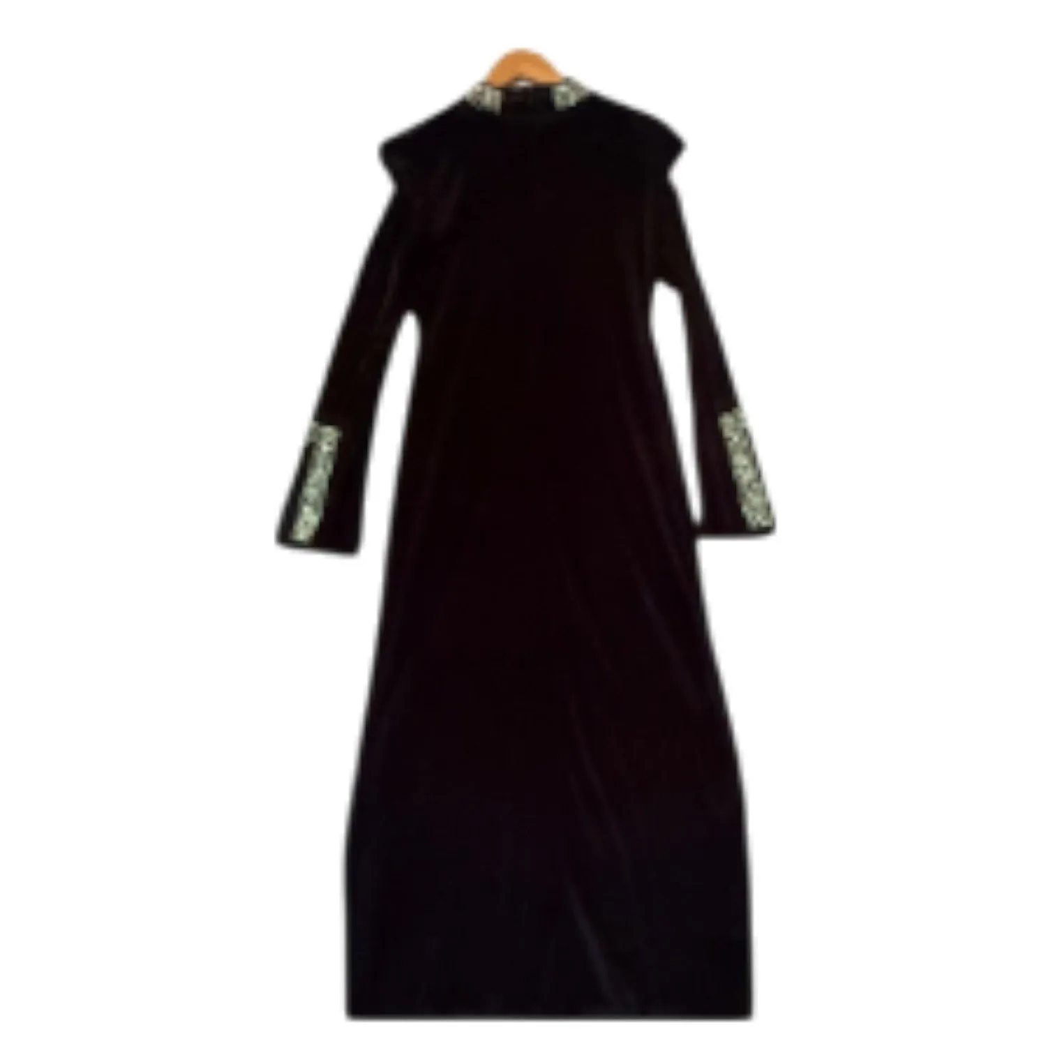 Black Velvet Maxi Dress Sz 3X Rhinestone Collar and Sleeves Formal Goth Bodycon - Image 2