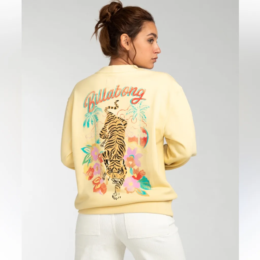 Billabong After Surf Tiger Oversize Sweatshirt Lemon Yellow Floral Logo Graphic - Image 2