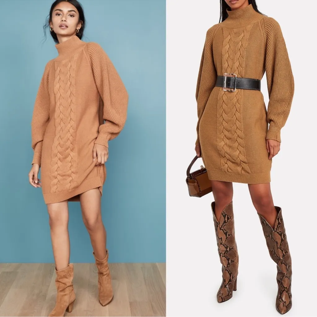 Caroline Constas Cable Knit Wool Sweater Dress in Camel Tan Size XS - Image 2