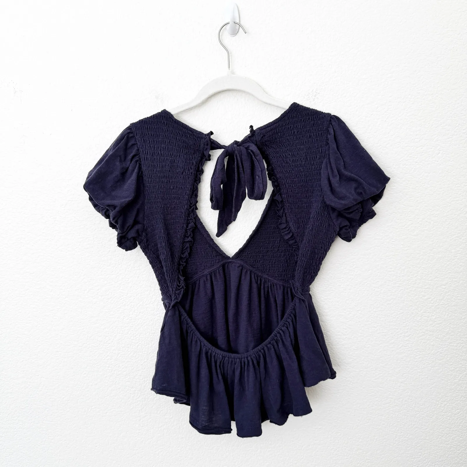[Free People] Blue Charlotte V-Neck Smocked Open Back Top Puff Sleeves Sz Small - Image 4