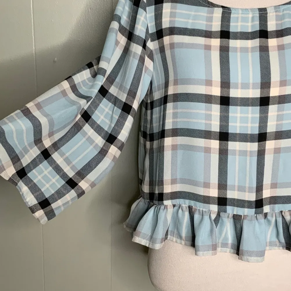 Gianni Bini Blue Plaid Crop Top Wide Sleeves Ruffle Hem Dainty Blouse S - Image 7