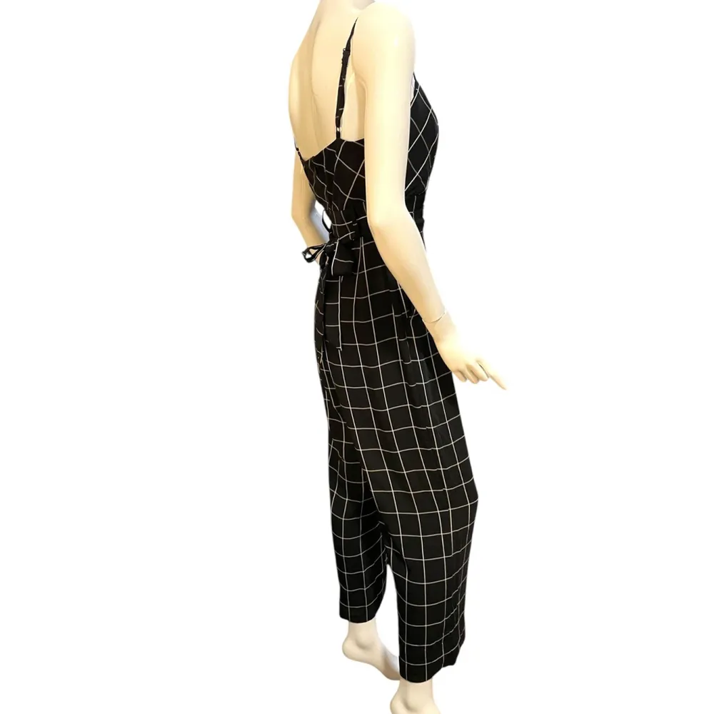 Y2K Black White Plaid Sleeveless Jumpsuit Medium-Contempo Plaid Belted Jumpsuit - Image 5