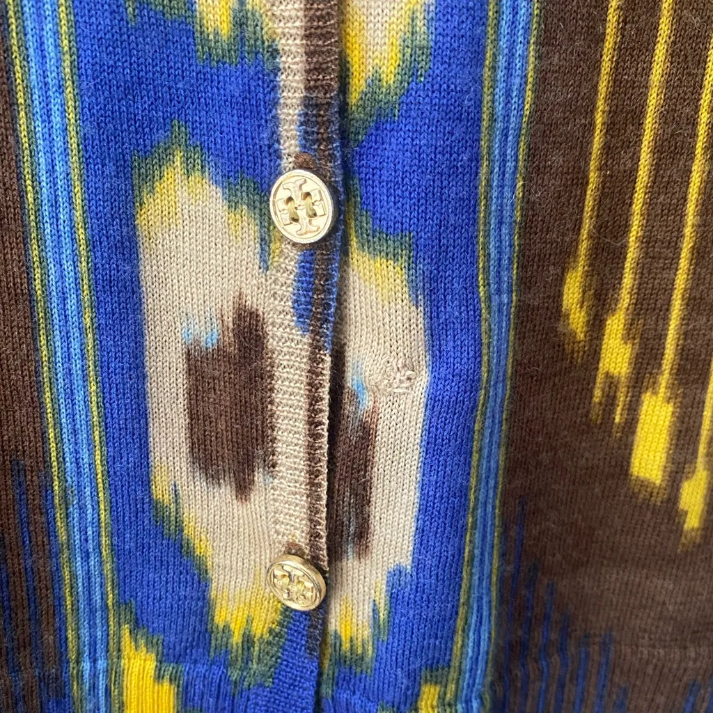 Tory Burch 100% Wool Knit Cardigan Sweater M Button Up Abstract Tribal Print - Image 10