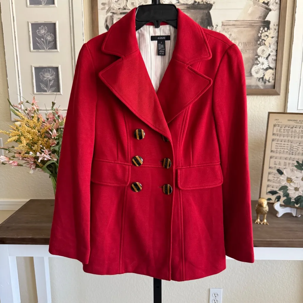 Alfani Red Double Breasted Peacoat Jacket Tailored Mid Length Size 2 Holiday - Image 2