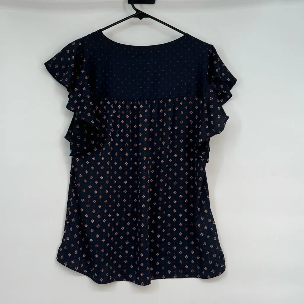 Loft Geo Split Neck Flutter Sleeve Flowy Top size Medium navy, and orange - Image 3