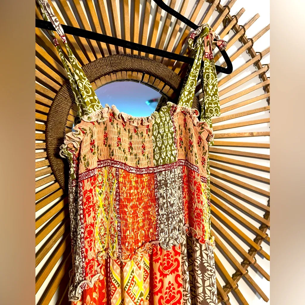 Abel the Label Bohemian Multicolor Patchwork Smocked Maxi Dress with Tie Straps - Image 4