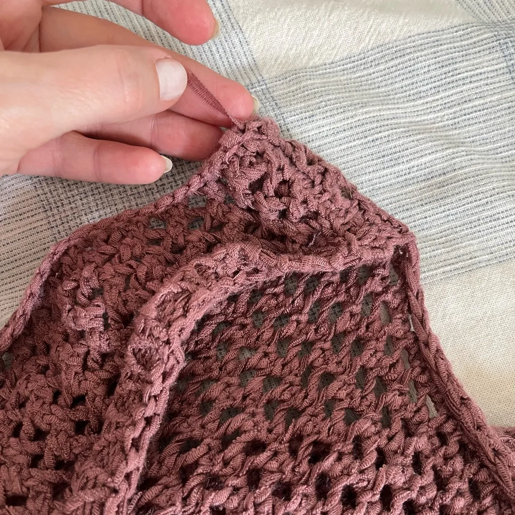 Umgee Fringe Duster Vest Open Knit Crochet Sleeveless Cardigan pink brown Boho L - Image 6