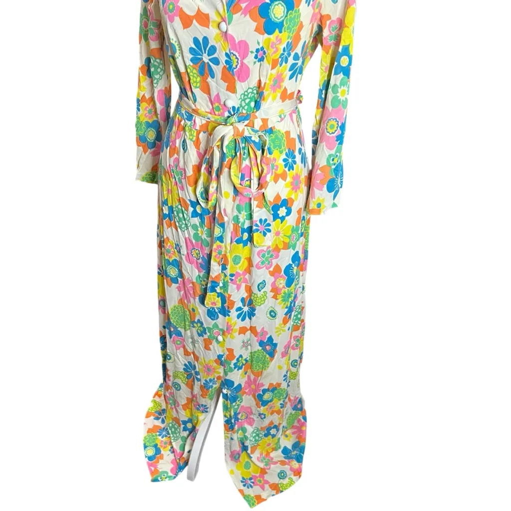 Vintage 60s Floral Maxi Dress Belted Hostess Lounge Dress Size 12 Pink - Image 4