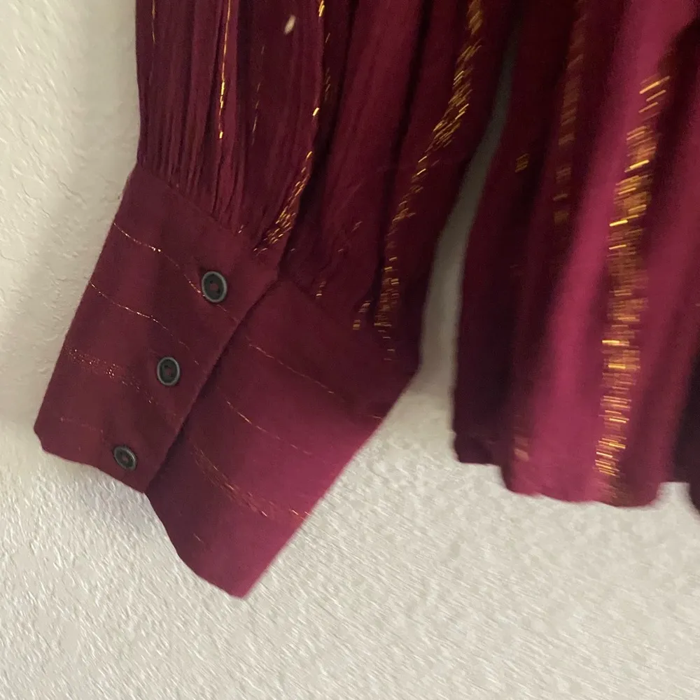 A.n.a Women's Deep Red Ruffle Trim Button Front Blouse Metallic Stripes PXL Fall - Image 6