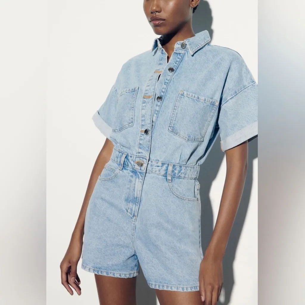 Zara Denim Short Sleeve Button Up Romper - Image 2