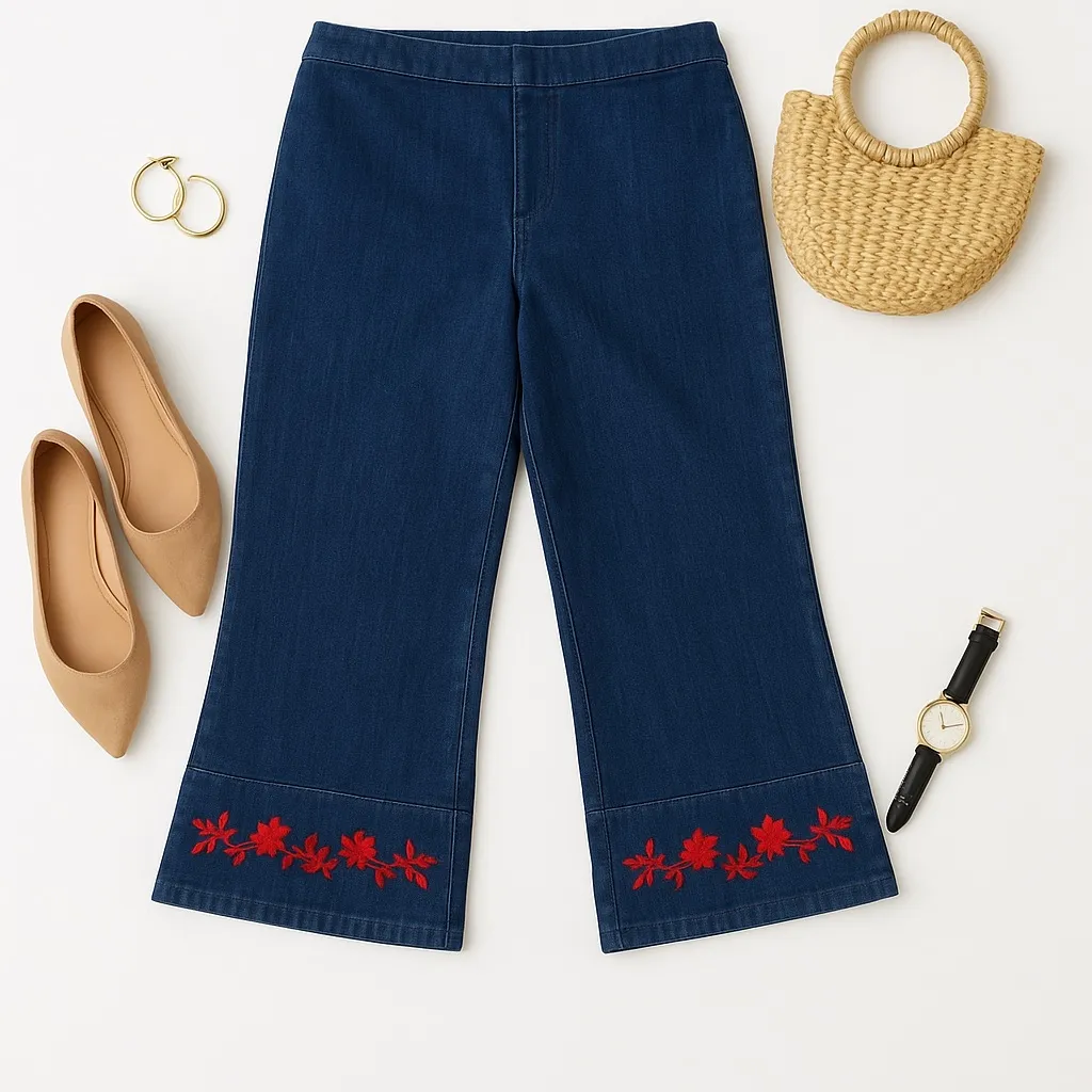 David Paul NY Embroidered Hem Denim Pants 16 Cropped Wide Leg Floral Cuff in EUC Blue - Image 12