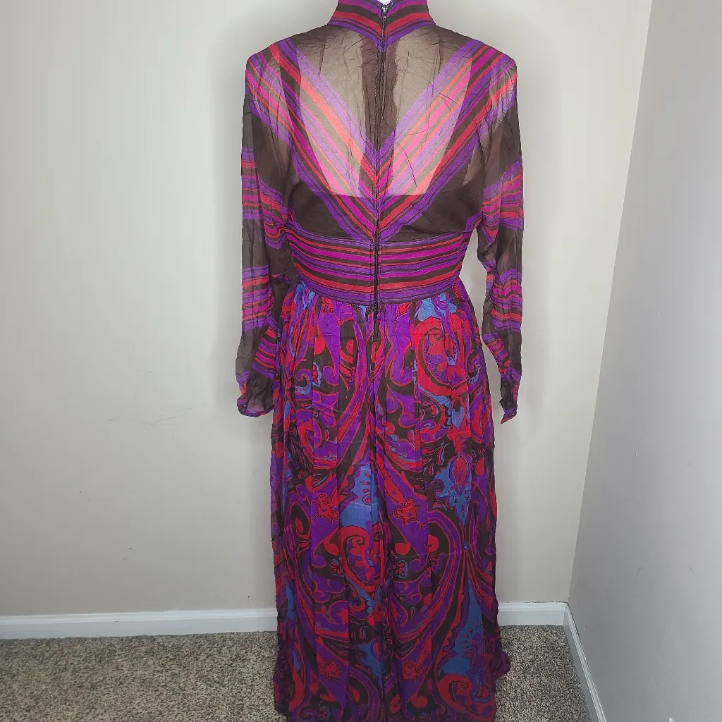 Vtg 60s‎ Mollie Parnis Boutique New York Silk Paisley Chiffon Pleated Maxi Dress Purple Size undefined - Image 7