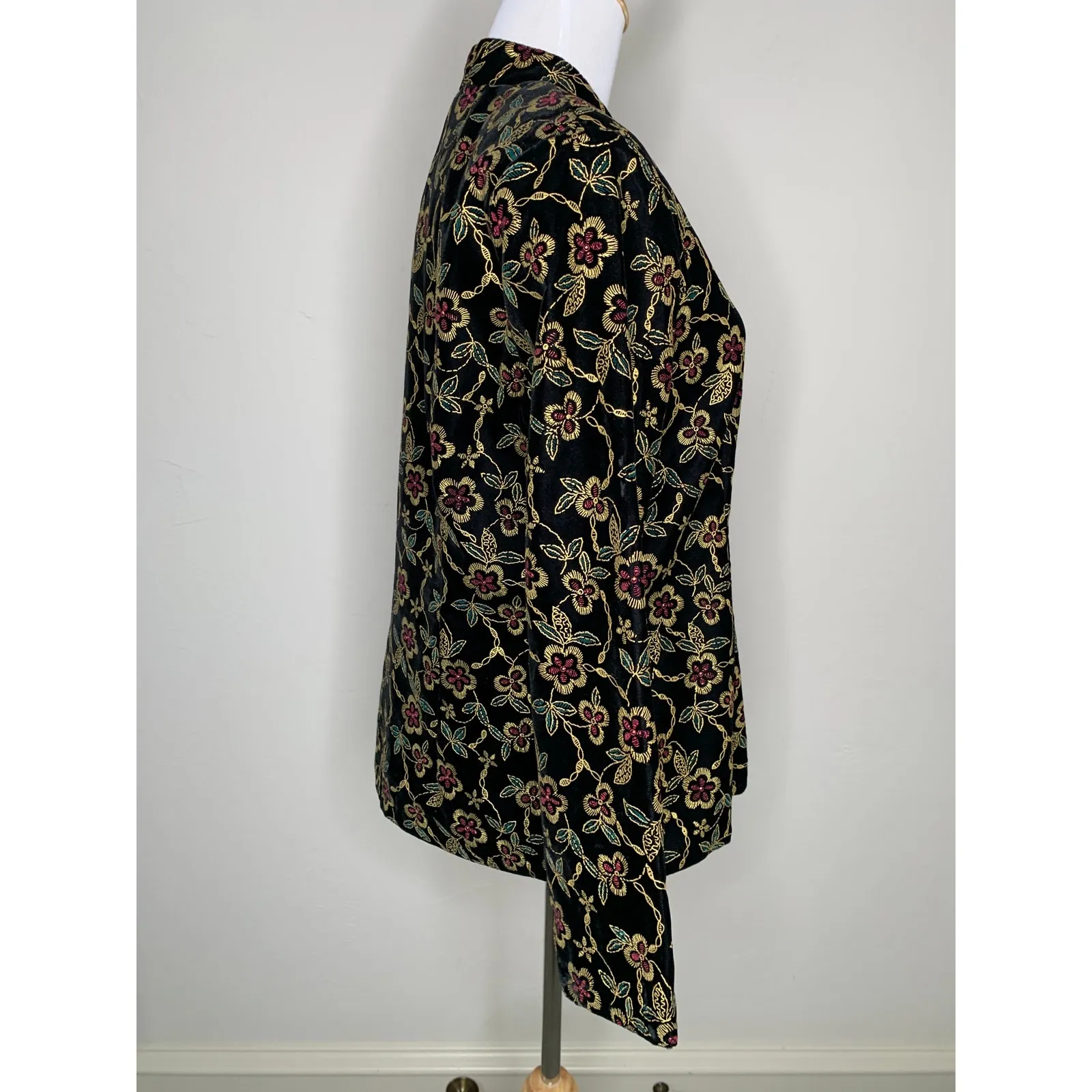 Velvet Blazer Standup Collar Metallic Floral Design Gold Red Sz ?Medium - Image 4