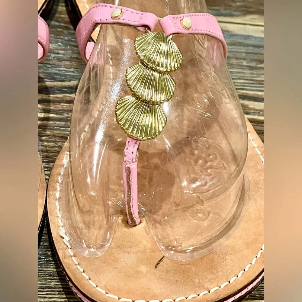 via Palm Beach Pink Leather Thong Sandals w/Gold Shells - Sz 10M - Image 4