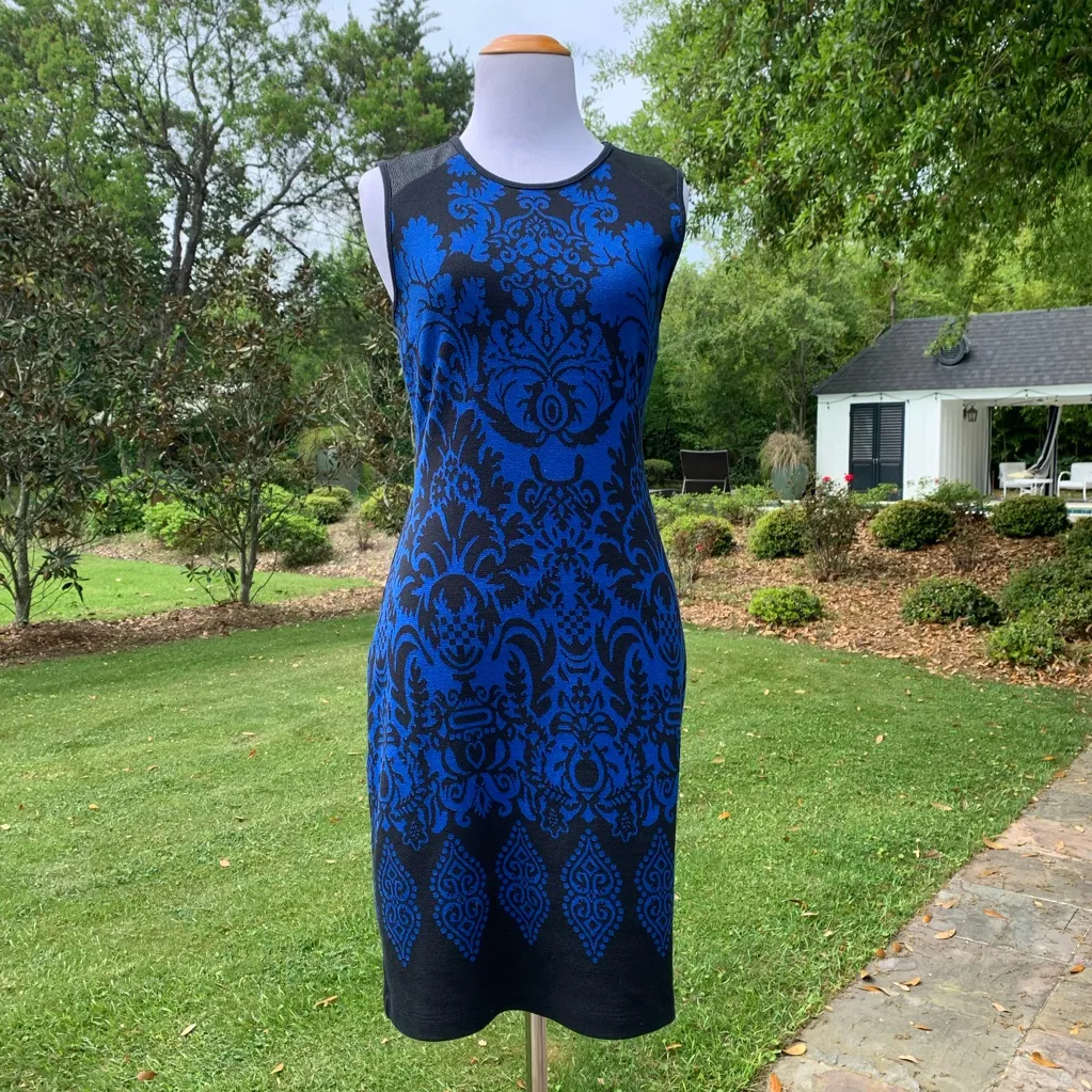 🏷️Karen Kane Royal Blue Black Patterned Dress Small S Faux Leather Floral - Image 3