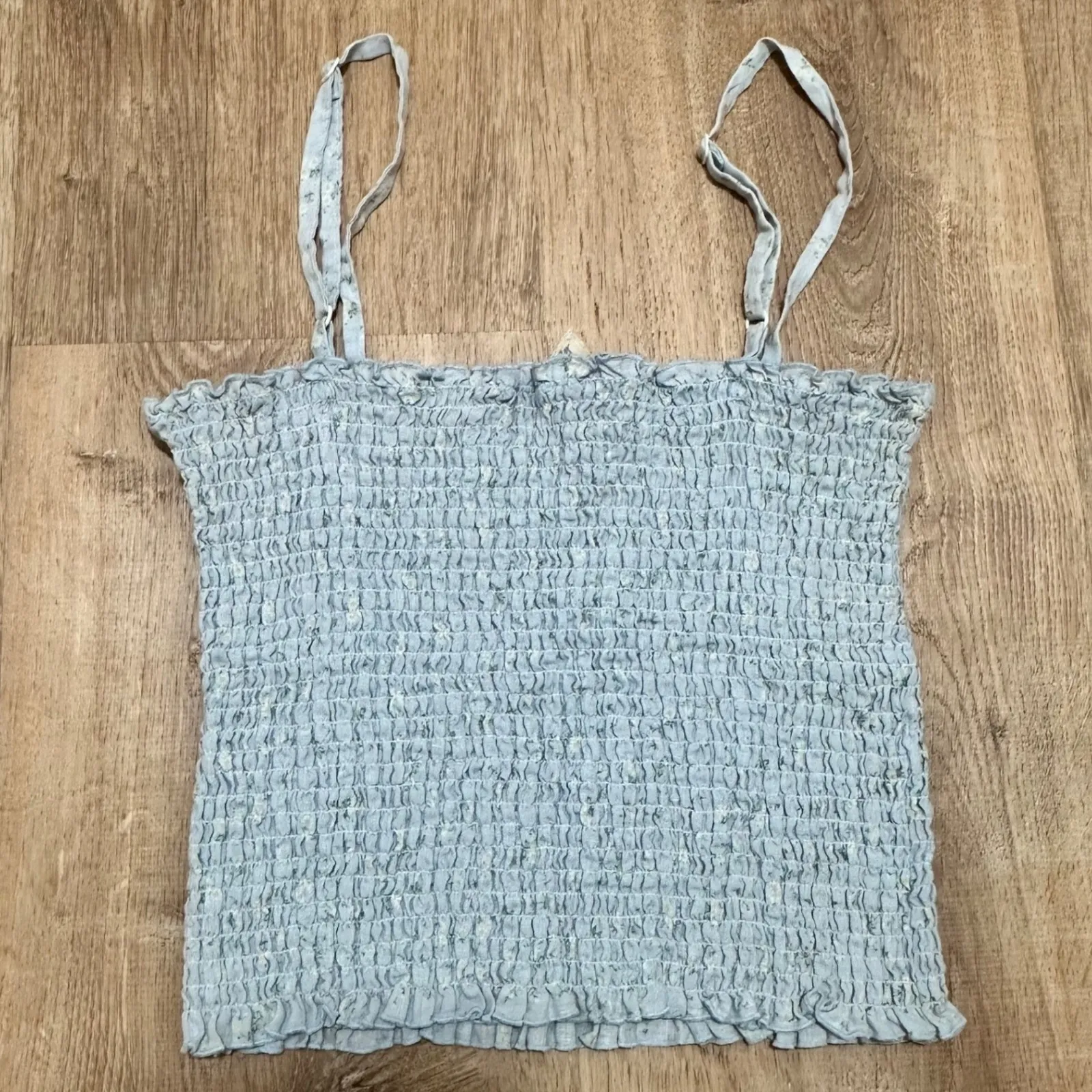 J. GALT | 100% Linen Baby Blue Floral Ruffle Smocked Sleeveless Crop Top, Size S - Image 2