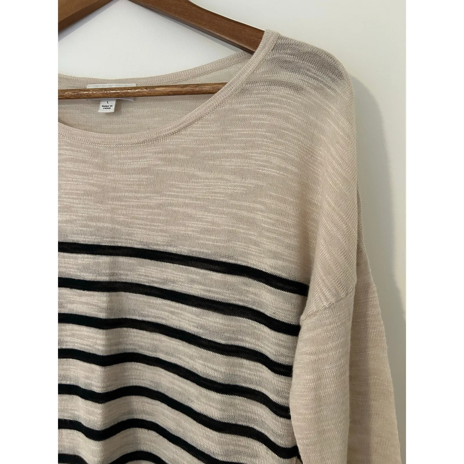 White + Warren L Striped Wool Blend Lightweight Sweater Top Tan Black Burnout Size L - Image 3