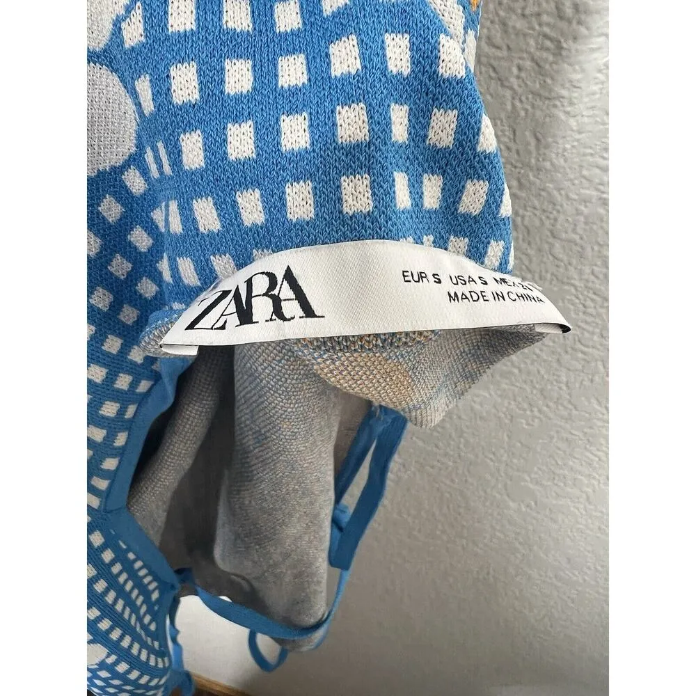 Zara Daisy Knit Mini Bodycon Dress Small Open Tie Back Plaid - Image 6