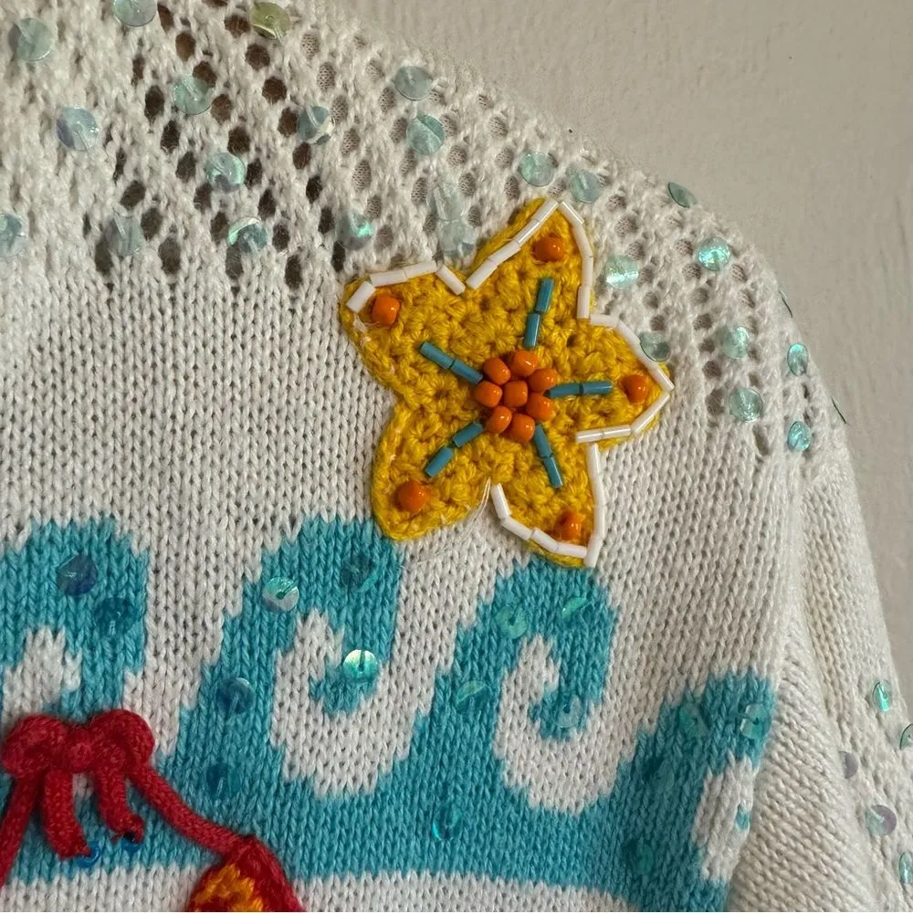 Vtg Jane’s closet 90s beach theme knit cardigan sweater colorful size small White - Image 3