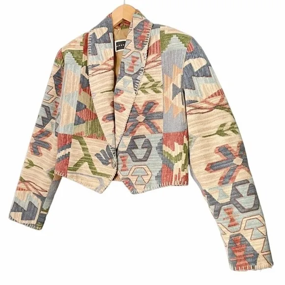 Rhonda Stark Jacket Blazer Southwest Tapestry Cropped Boho Tan Blue Size Medium Brown - Image 10