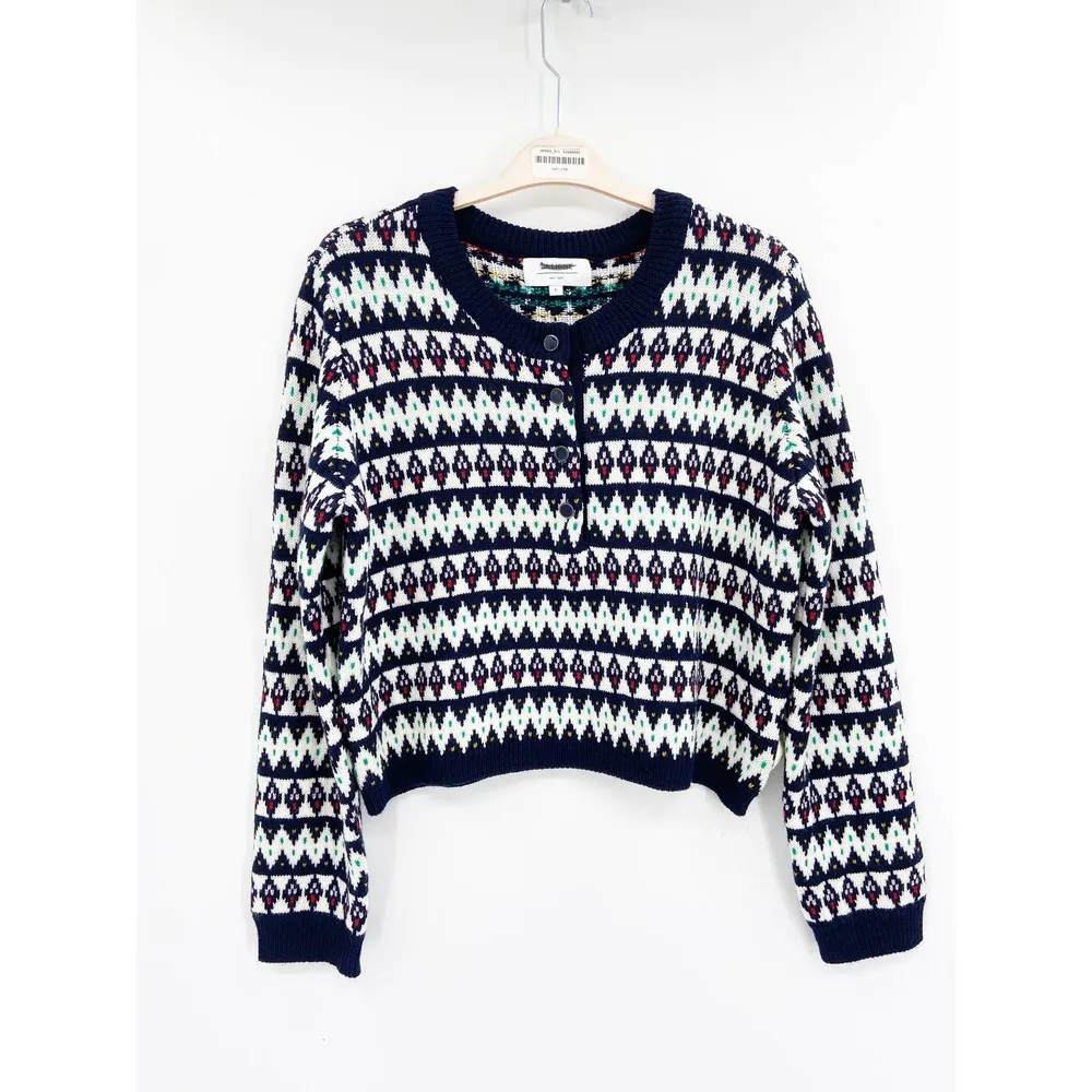 La Ligne Fair Isle Merino Wool Navy Blue Henley Crewneck Pullover Sweater Size L Size L - Image 3