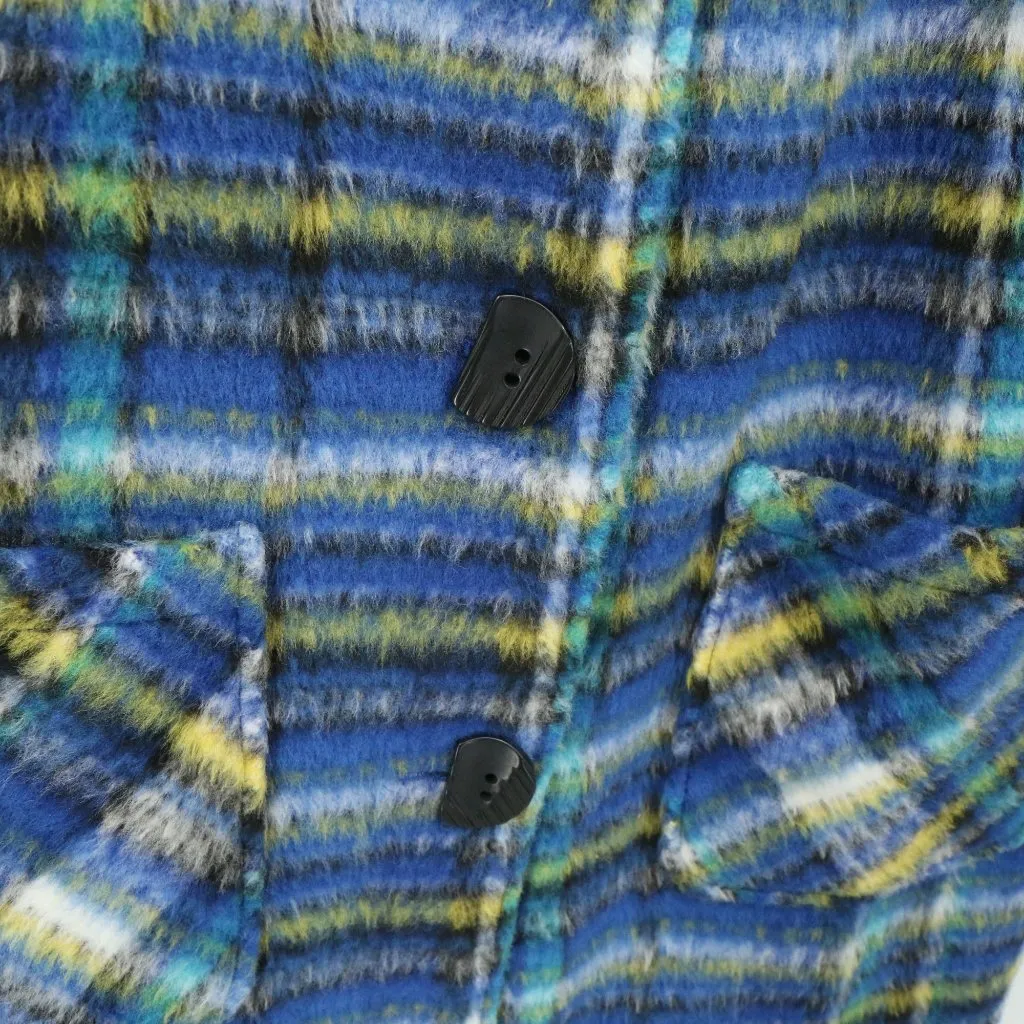 Habitat Tartan Plaid Blue Car Coat Button Front Fuzzy Knit Longline Jacket L - Image 5