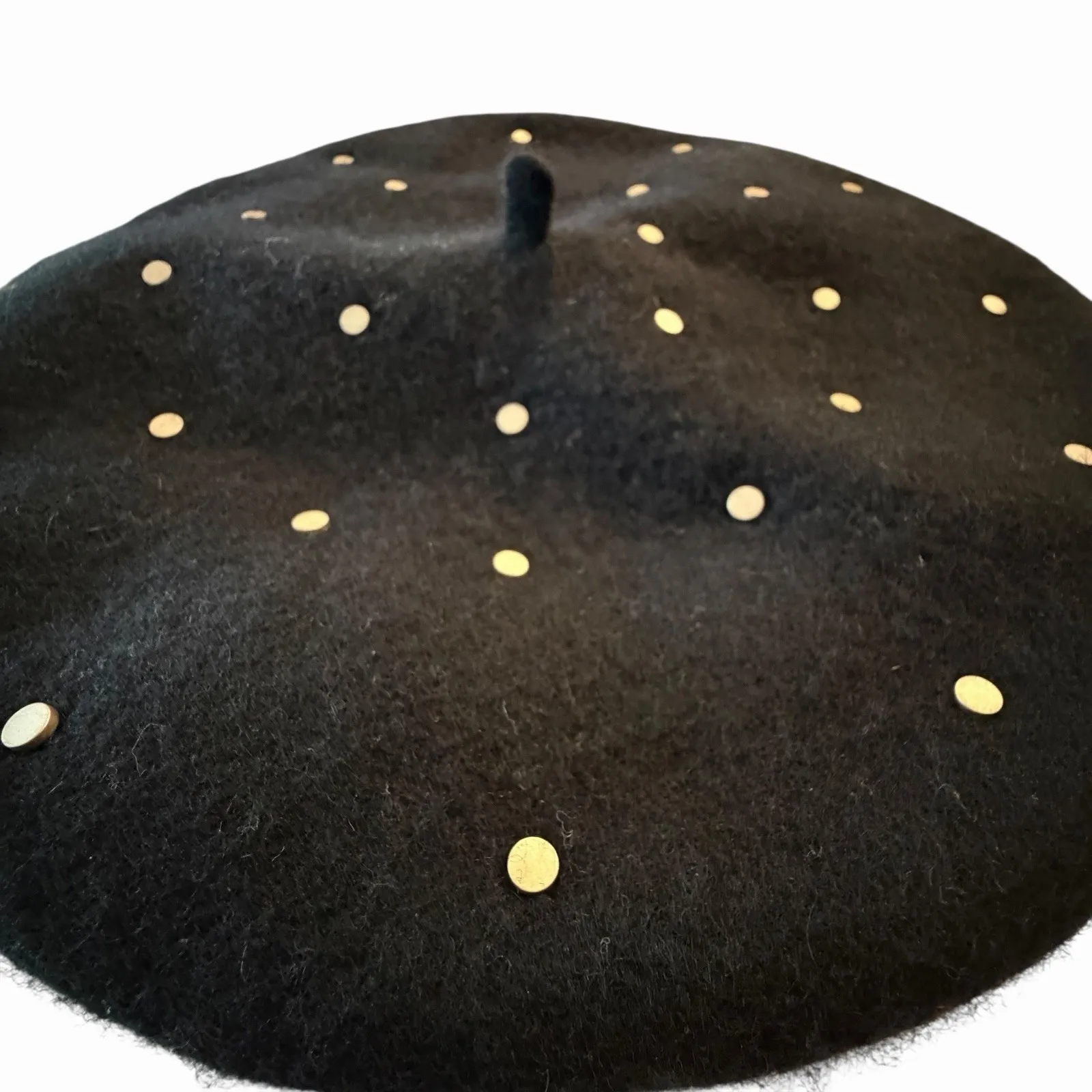 AllSaints Maia Black 100% Wool Studded Beret Hat Gold Tone Studs Glam Rock - Image 4