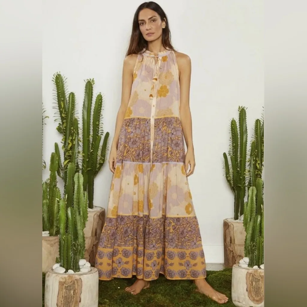 Carolina K Isidora Vall Kaftan Tiered Ruffle Floral Print Maxi Dress Size Large Yellow - Image 3