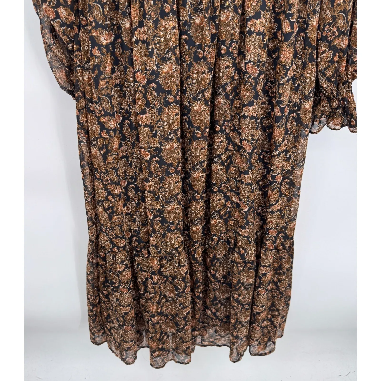 Moon River Tiered Ruffle Maxi Dress Womens Medium Fall Brown Black Metallic Gold - Image 13