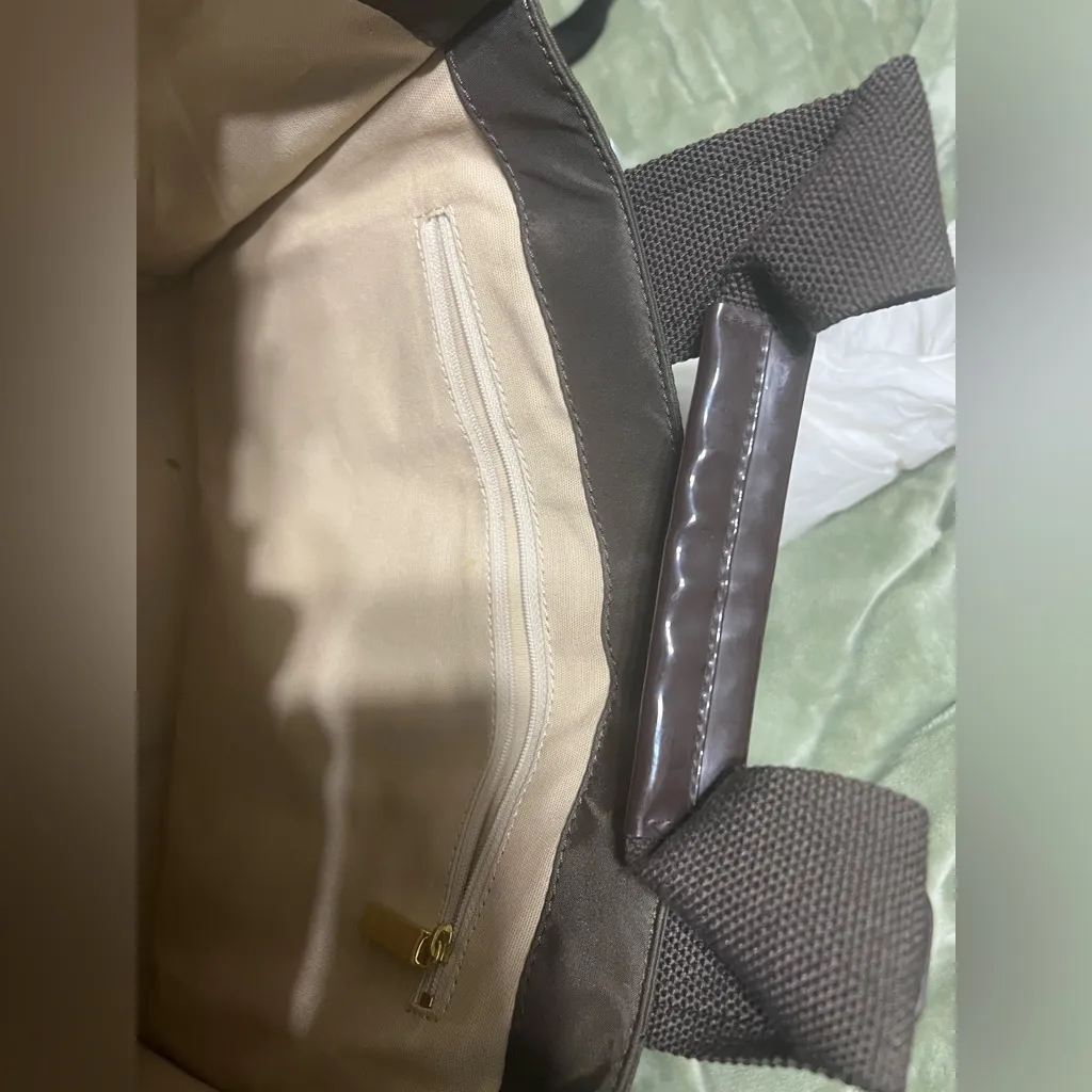 Tory Burch Nylon Tote Bag Brown Patent Trim Logo Work Everyday Purse - Image 5