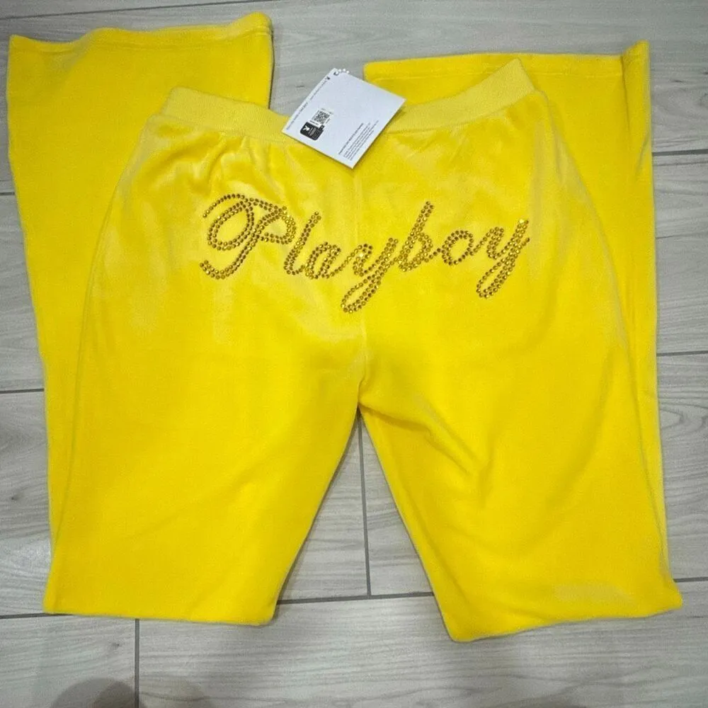 NWT Playboy Velour Rhinestone Pants Yellow Size Medium  has heart rhinestoned on - Image 4