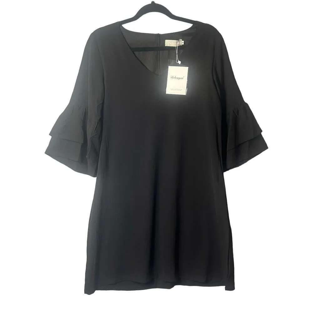 Belongsci Dress Womens Medium Black V Neck Bell Sleeve‎ Shift Mini Dress NEW - Image 2