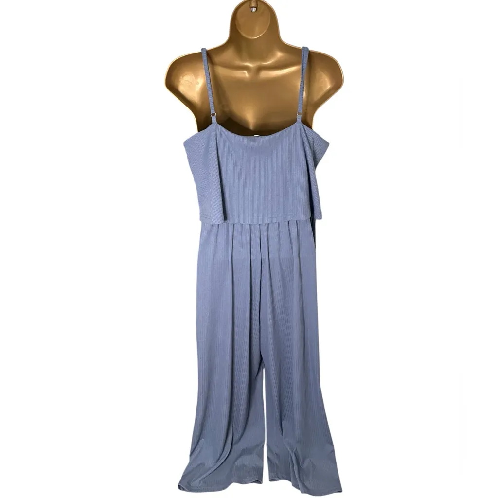 Express Ribbed Wide Leg Jumpsuit Layered Bodice Blue S - Image 2