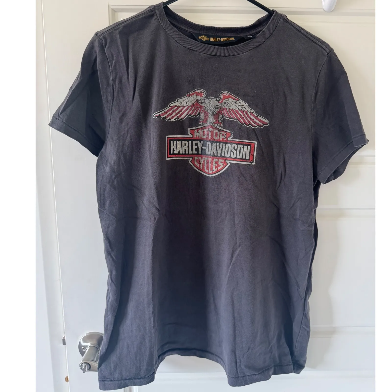 Harley Davidson sz L Womens Distressed Eagle Jersey Cotton Logo Tee Biker Grunge Black Size L - Image 3