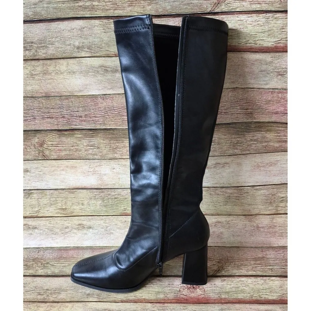 NWOT Chunky Block Heeled Black Faux Leather Knee High Boots Size 38 US 8 Classic - Image 8