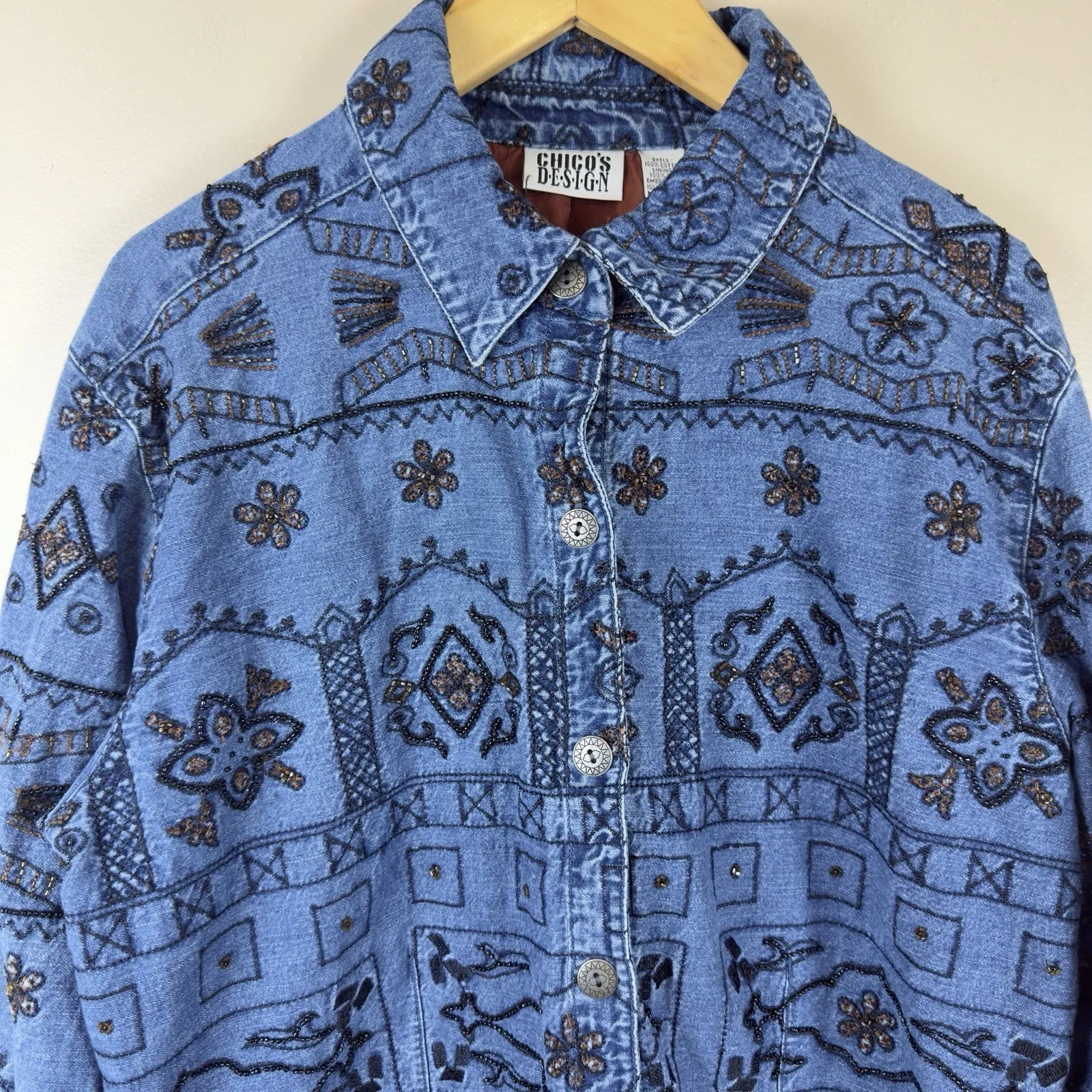Chico’s Design Embellished Denim Jacket Size 3 Women Beaded Embroidered - Image 3