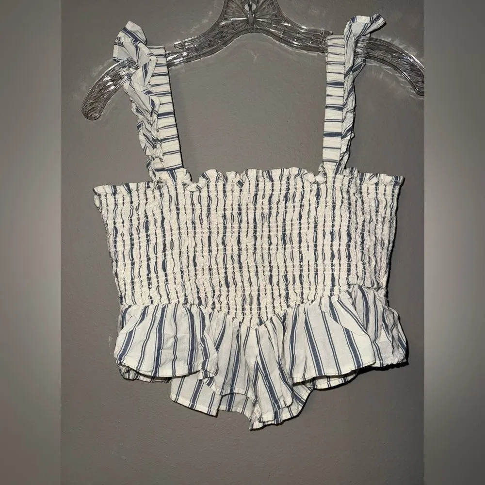 American Eagle Outfitters Bella Cream Smocked striped semi crop top size Small # - Image 5