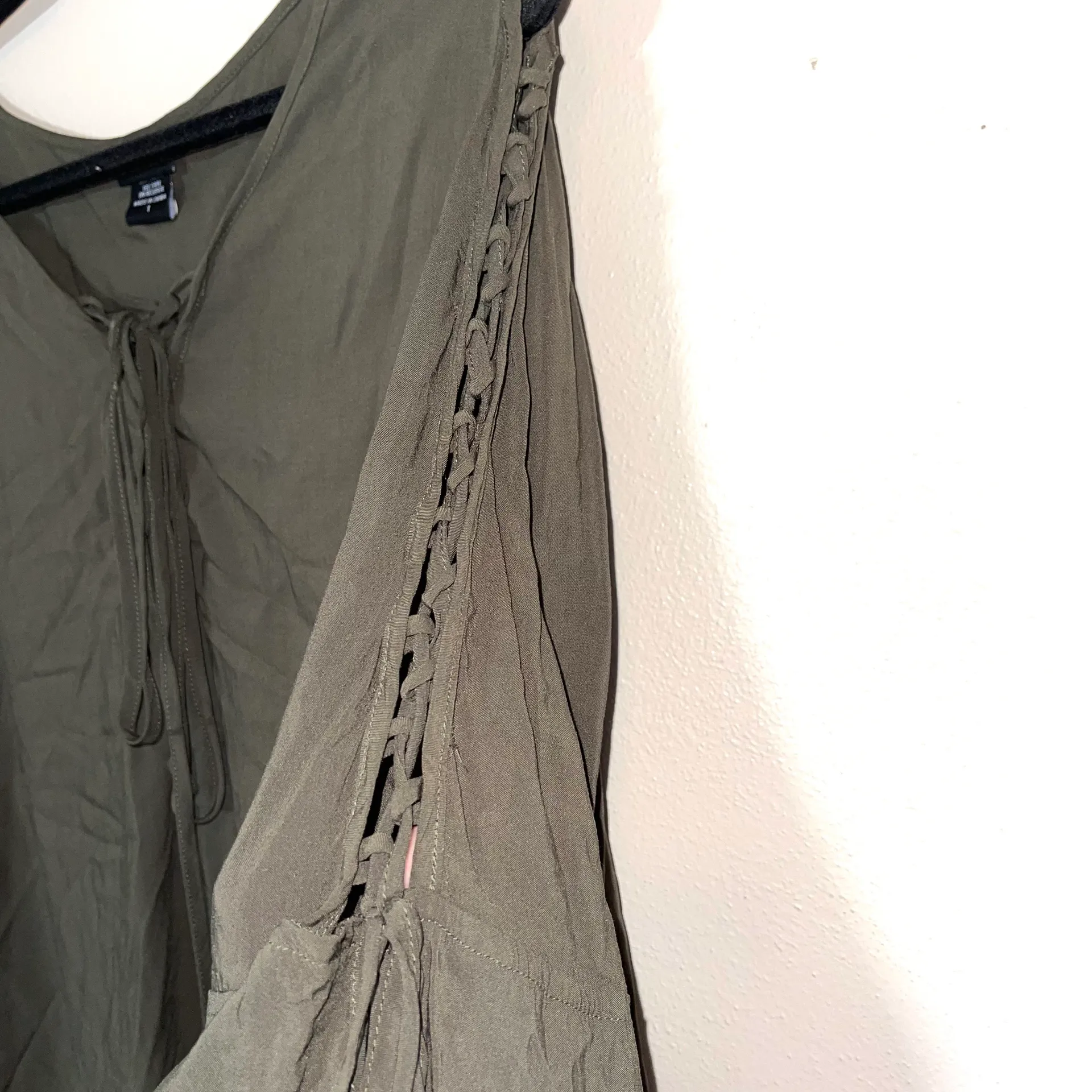 Olive Green Tie Front Ooen Lace-up Bell Sleeve Top - Image 7