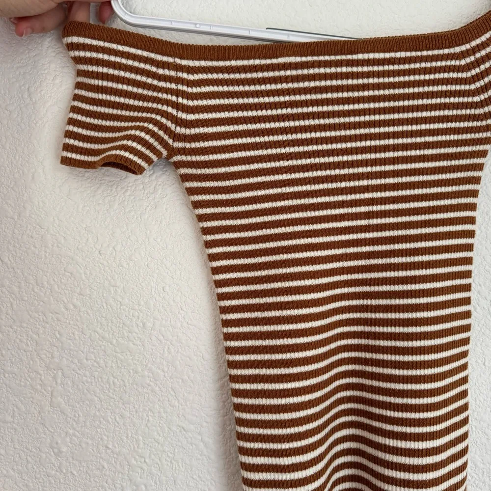 ribbed striped off the shoulder fitted blouse brown orange white Sz XS - Image 3
