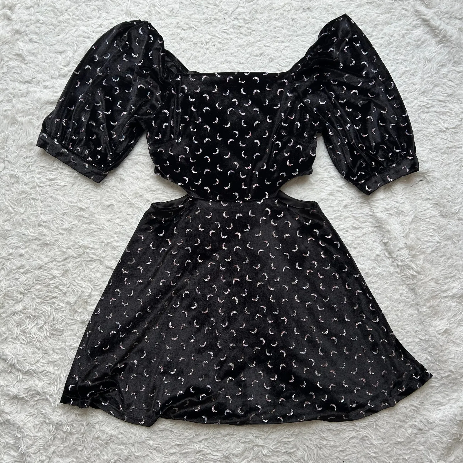 Altar'd State Black Velvet Silver Sparkly Crescent Moon Cutout Dress Size Small - Image 4