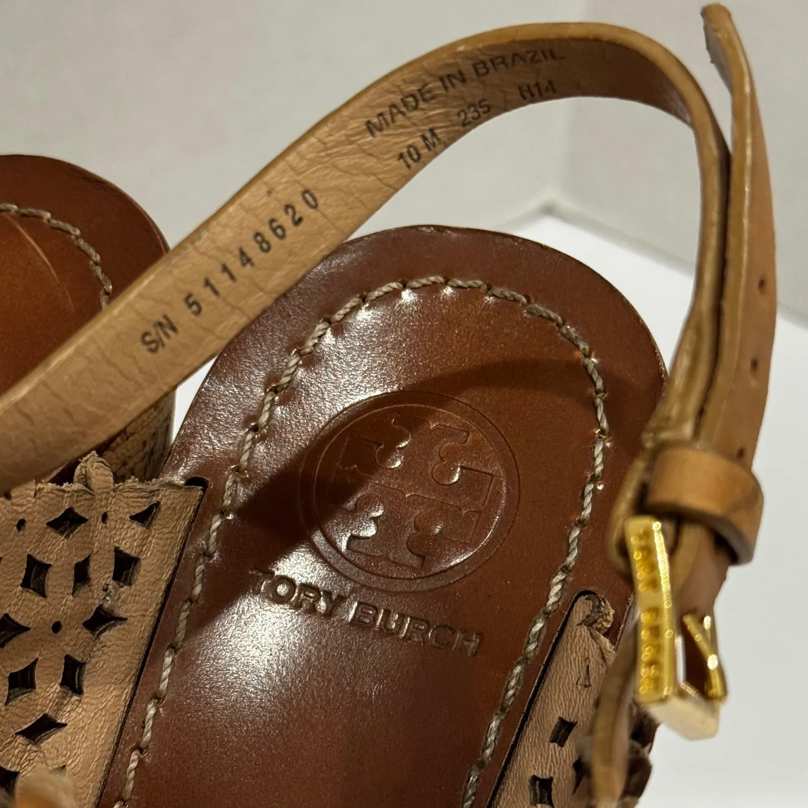 Tory Burch Daisy Cork Wedge Heel Sandals Laser Cut Leather Tan Women's Size 10 M - Image 3