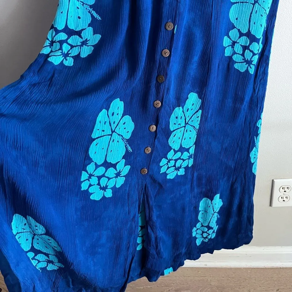 Vintage Jon Wenger Hawaiian Blue Floral Button Front Midi Dress M Rayon Size M - Image 7