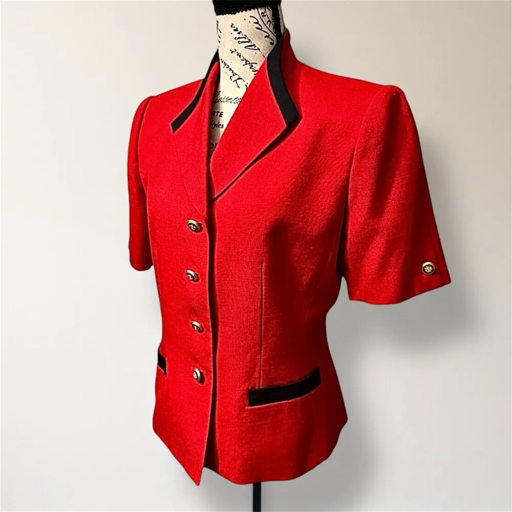 Vintage Kasper 6 Red Black Trim Cropped Blazer Jacket Gold Buttons 90s Office - Image 3