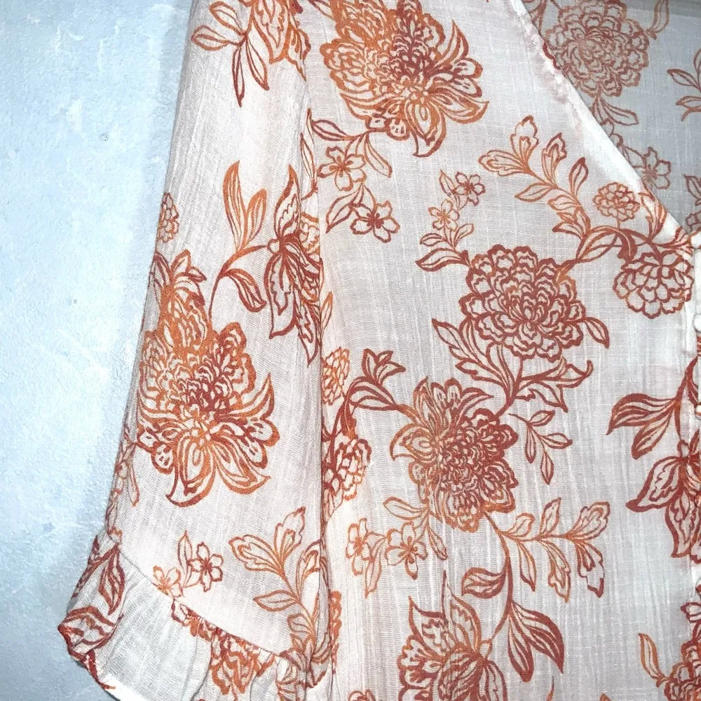 Nanette Lepore Orange & White Floral V-Neck Ruffle Short Sleeve Feminine Top XL - Image 4