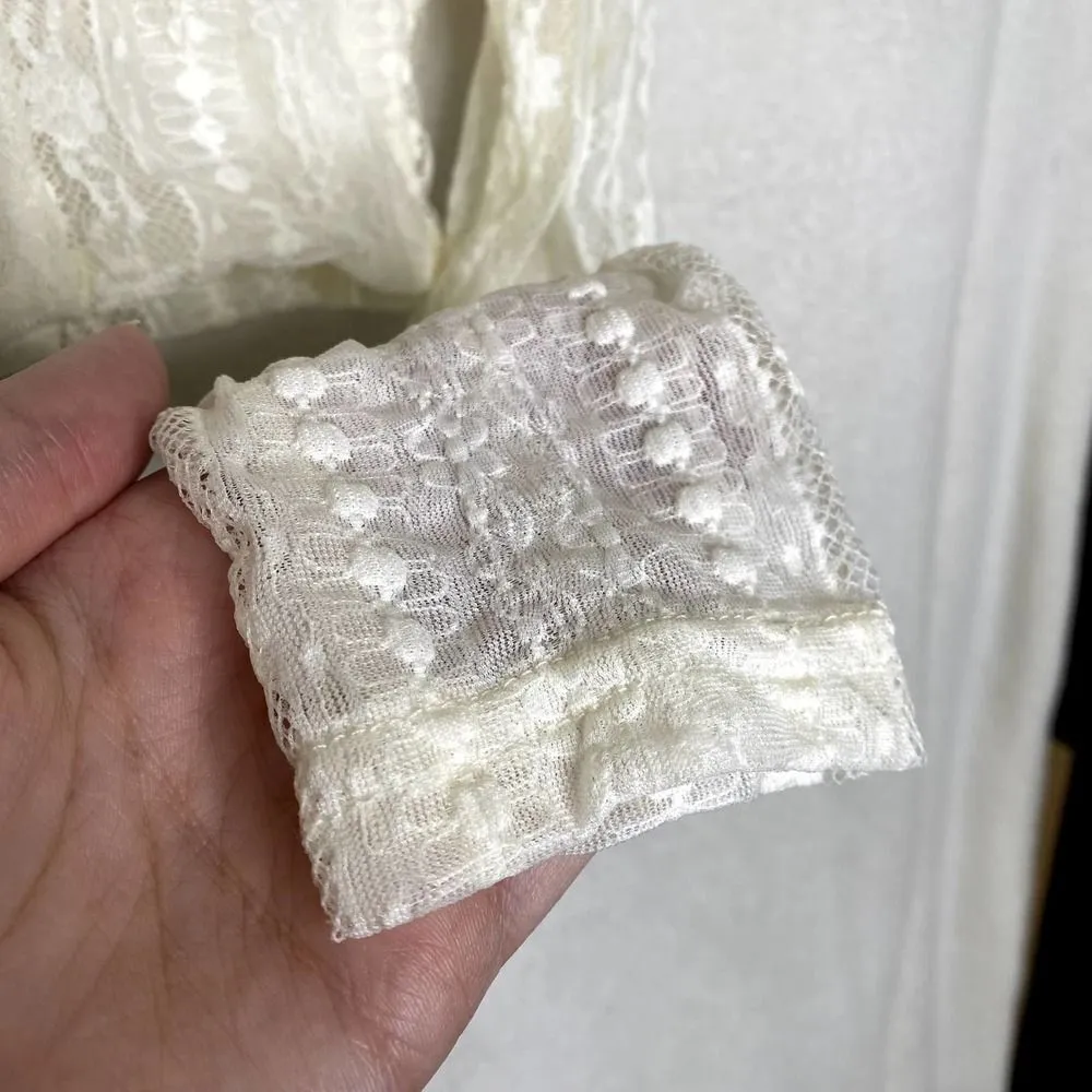 Stradivarius Floral Long Sleeve Sheer Sweetheart Lace Crop Top White Large Fairy - Image 6