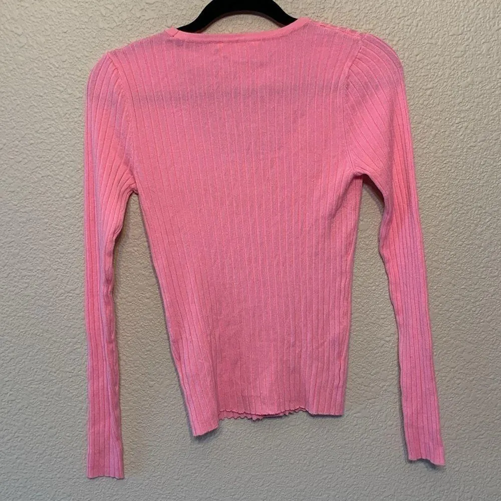Barbie pink long sleeve sweater w/buttons sz M preppy neon lightweight bright - Image 6