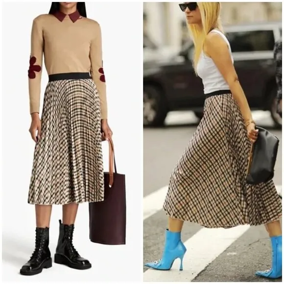 💕MAJE💕 Johnny Check Pleated Midi Skirt ~ Beige Brown Size 3 NWOT - Image 2