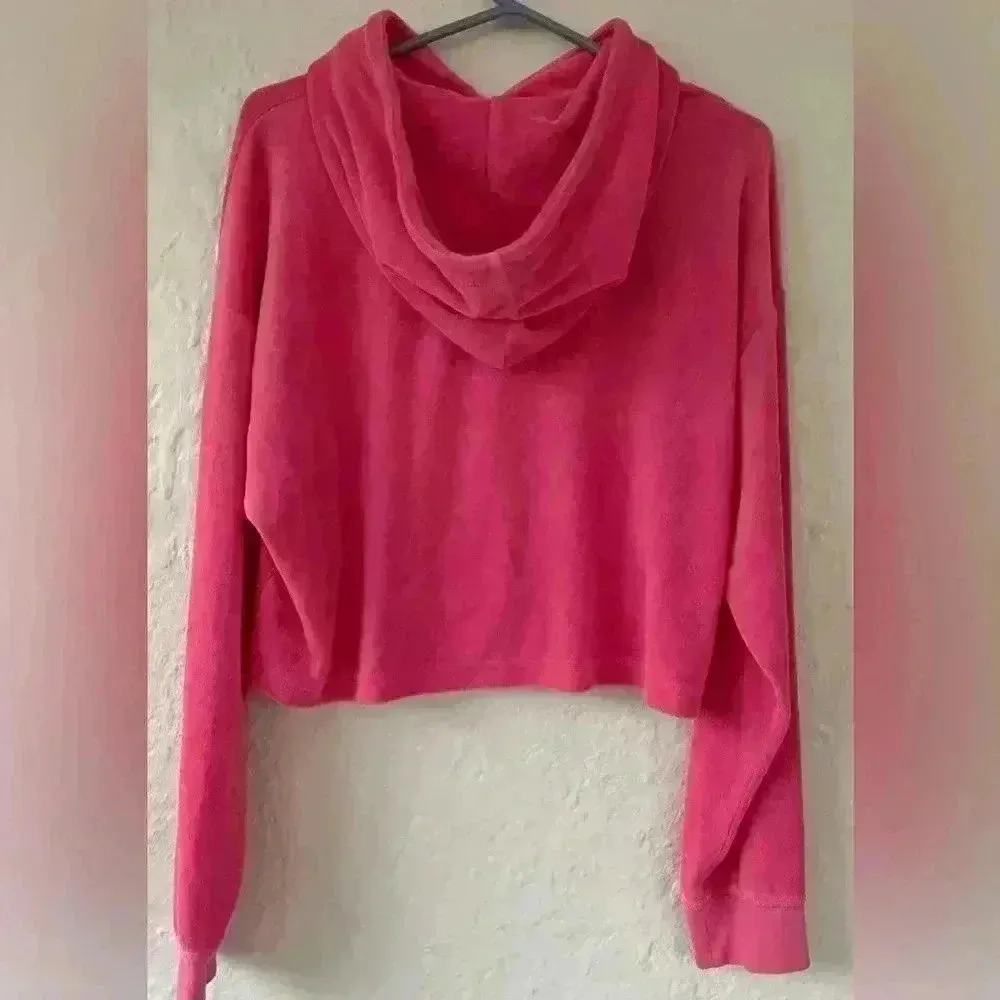 Juicy Couture Hot Pink Terry Cloth / Cotton Blend Cropped Hoodie Sweatershirt; M - Image 5