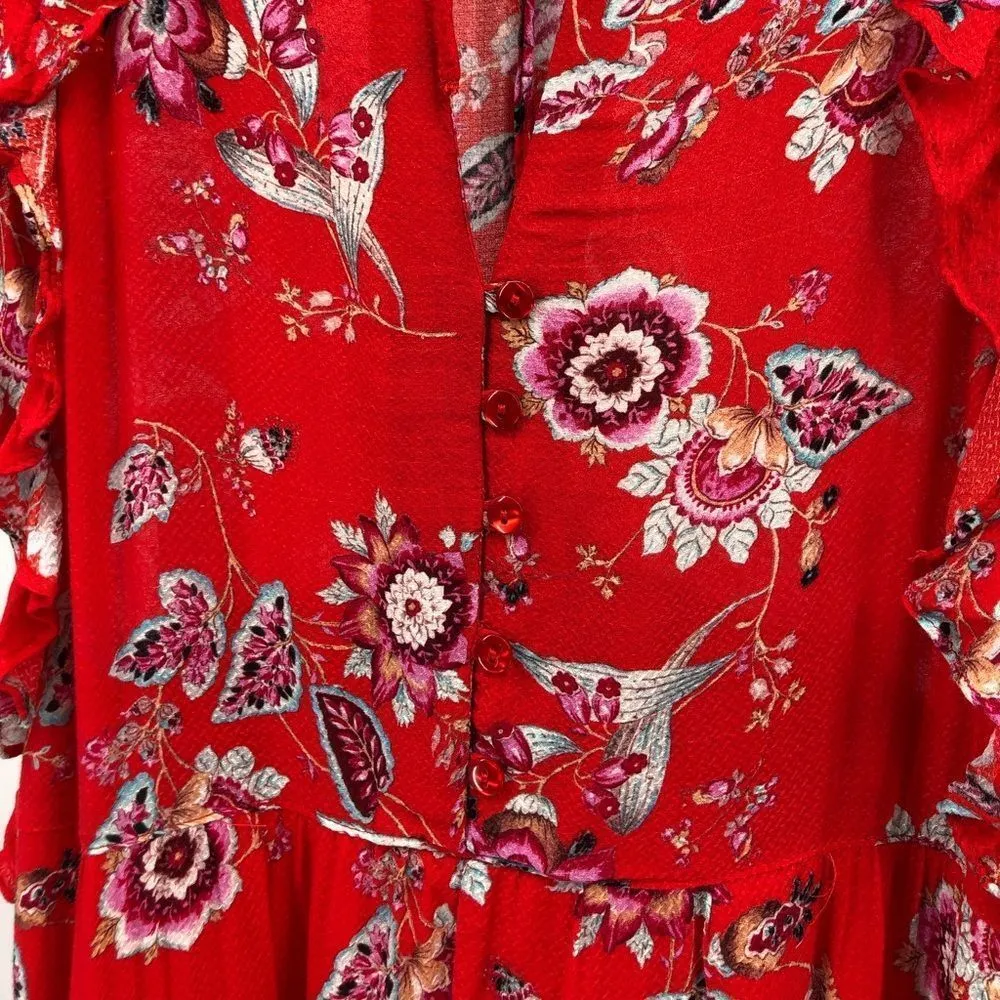 Promod Red Floral Ruffle Button Back Maxi Dress Size 12 - Image 7